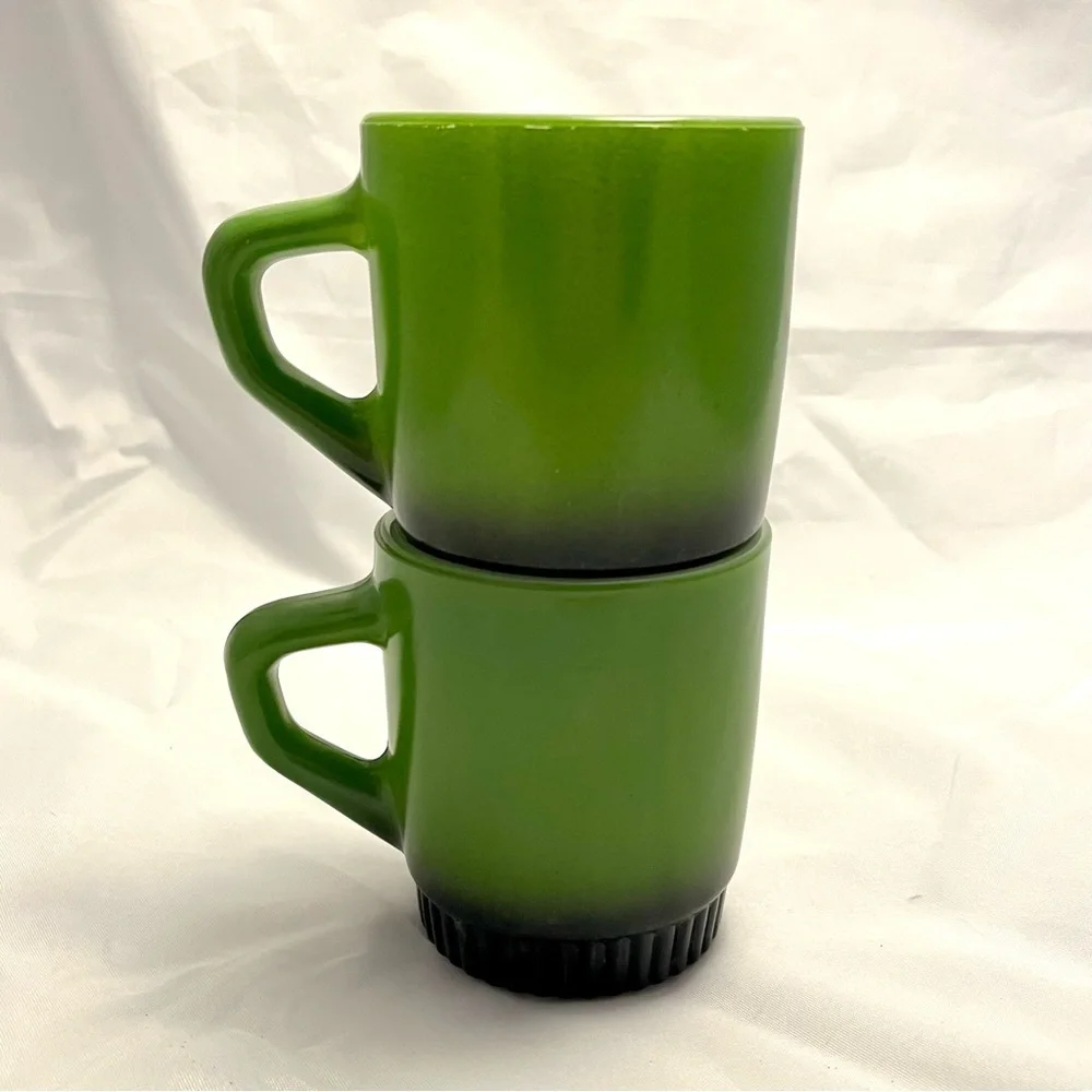 Fire King Mugs, Set of 2, Green-Black Ombre, Stackable, Vintage GUC
